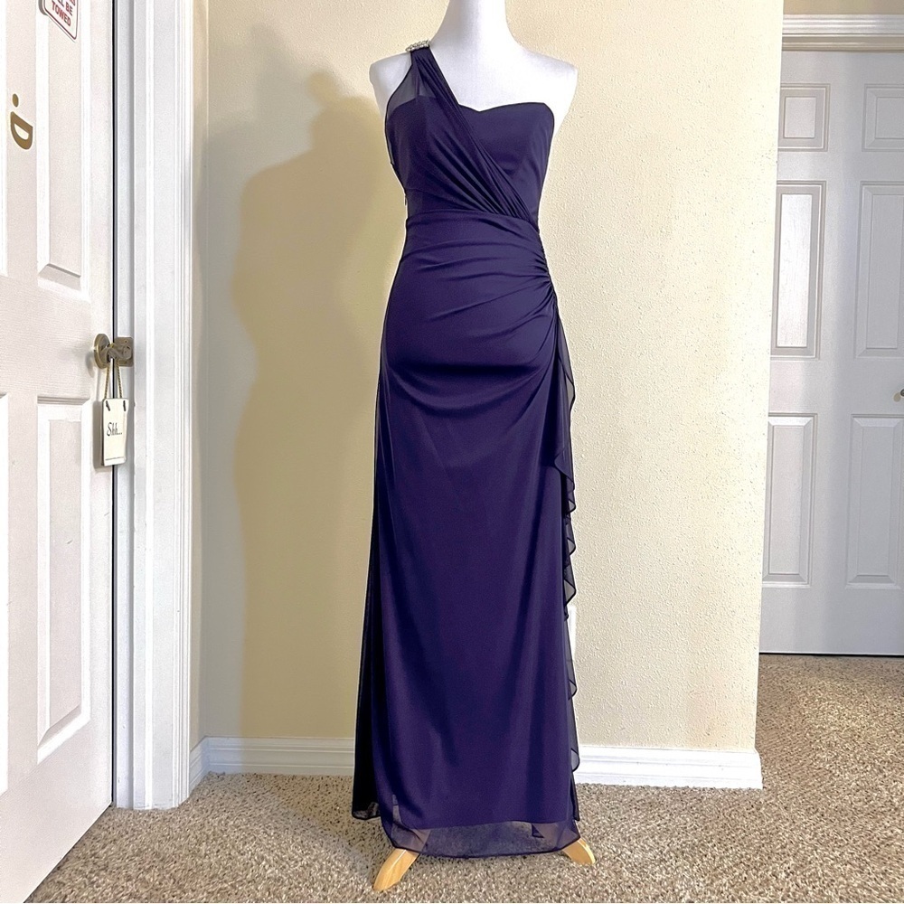 Blondie Nites by Stacy Skylar Purple Jeweled One Shoulder Draped maxi Dress 1
